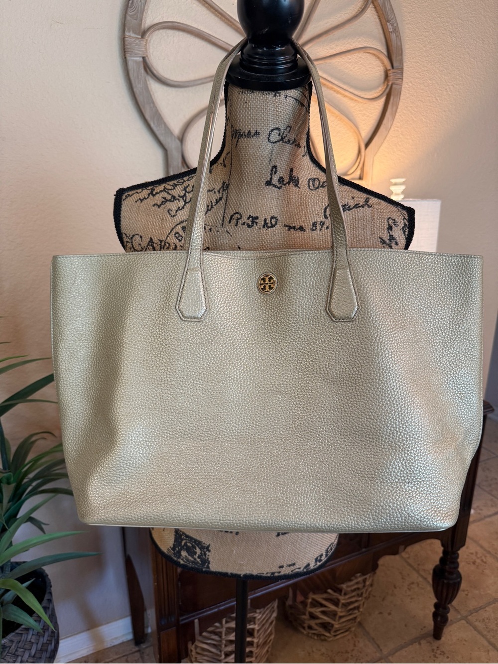 Tory Burch Metallic Champagne Gold  Pebbled Leather Large Tote